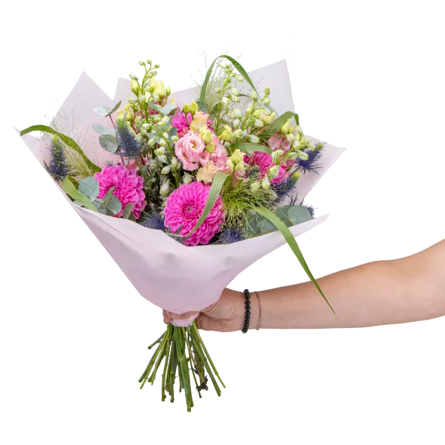 Kytice s jiřinami a eustomou